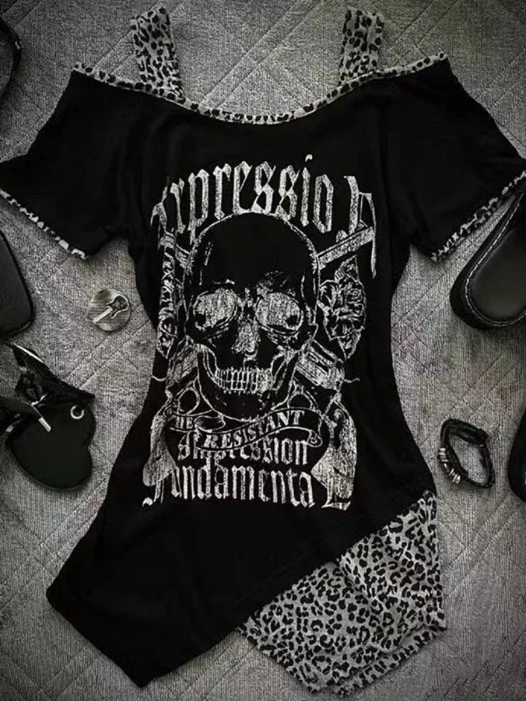 Gothic Skull Off Shoulder T-shirts - PWM