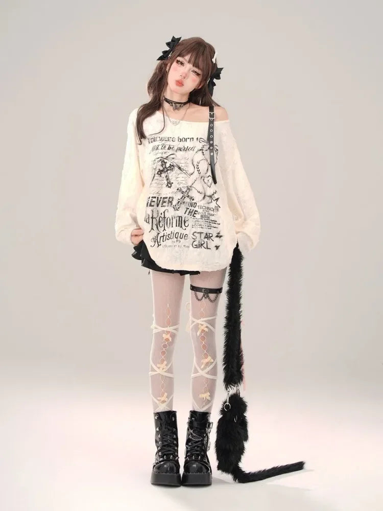 Gothic Cross Letter Graphic Off Shoulder Tops - PWM