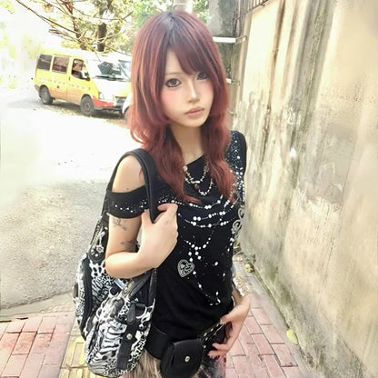 Off Shoulder Rhinestones Print T-shirt
