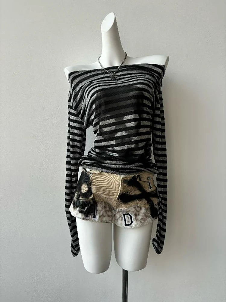 One-shoulder Striped Skull Long Sleeve Top - PWM