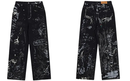 Graffiti Print Straight Loose Denim