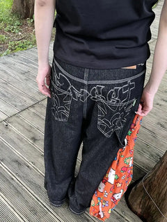 Embroidery Baggy Black Jeans - PWM