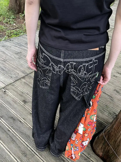 Embroidery Baggy Black Jeans