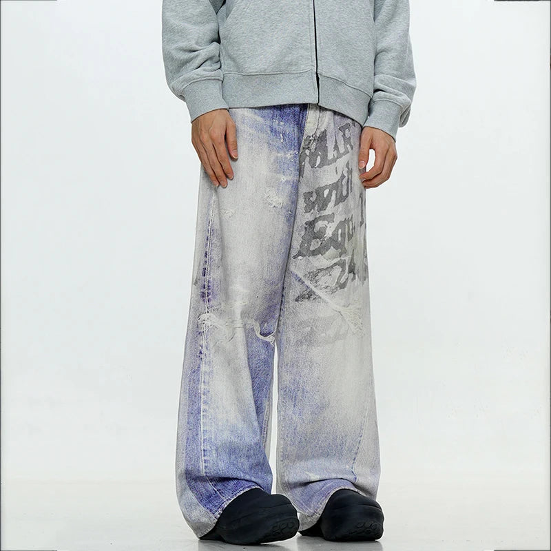 Graffiti Letter Gradient Color Washing Jeans