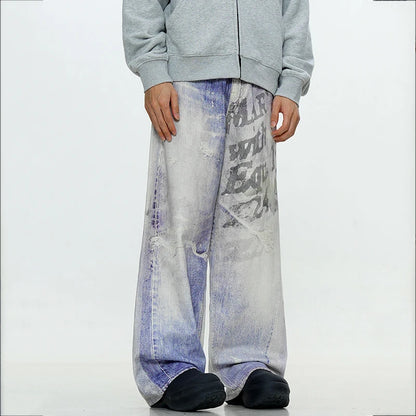 Graffiti Letter Gradient Color Washing Jeans