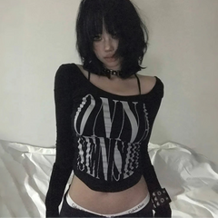 Letter Print Crop Top Long Sleeve T-shirt - PWM