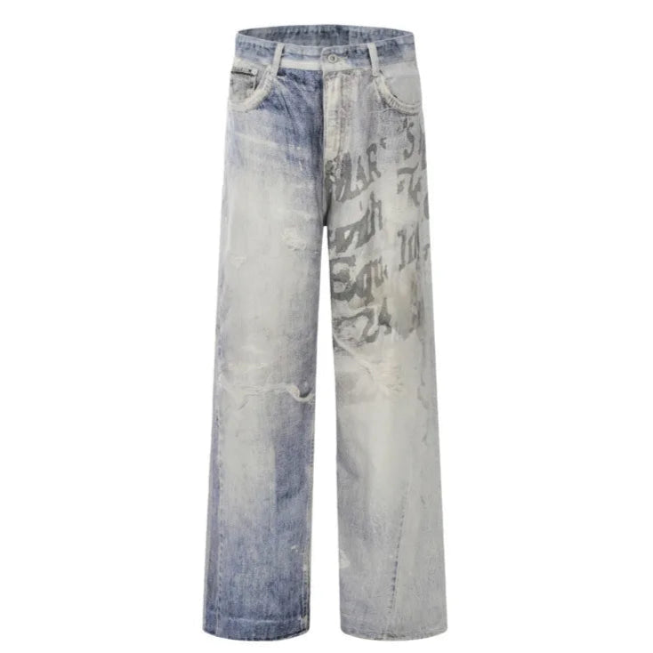 Graffiti Letter Gradient Color Washing Jeans