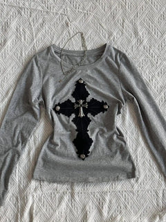 Cross Patchwork Rivet Long Sleeve Tops - PWM