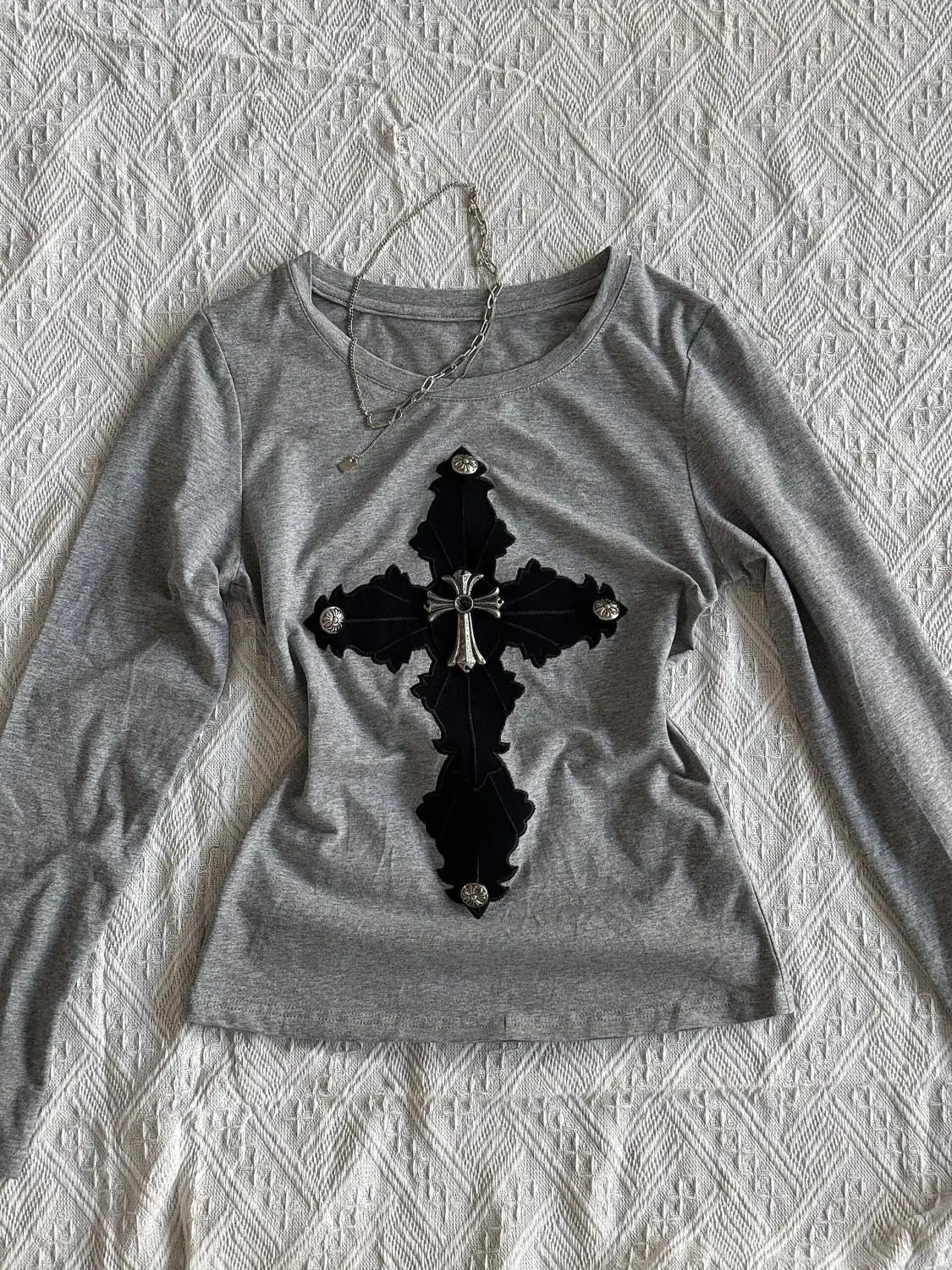 Cross Patchwork Rivet Long Sleeve Tops - PWM