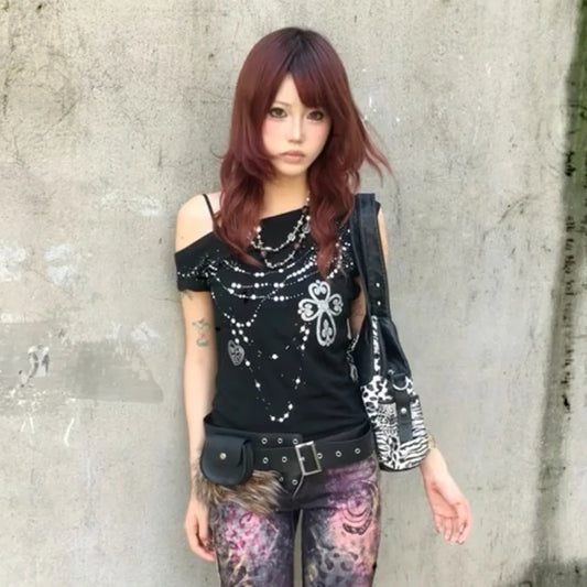 Off Shoulder Rhinestones Print T-shirt