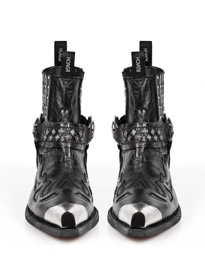 Metallic trim pointy toe boots