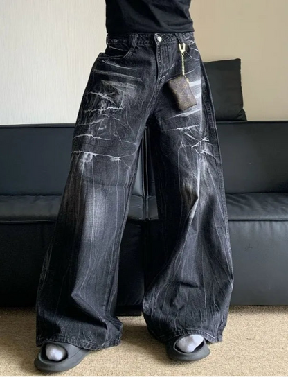 Distressed Lightning Pattern Wide Leg Jeans