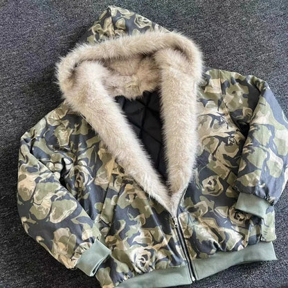 Camouflage Fur Collar Padded Jacket