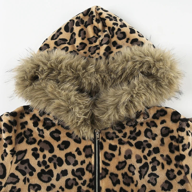 Fur Trim Leopard Zipper Hoodie