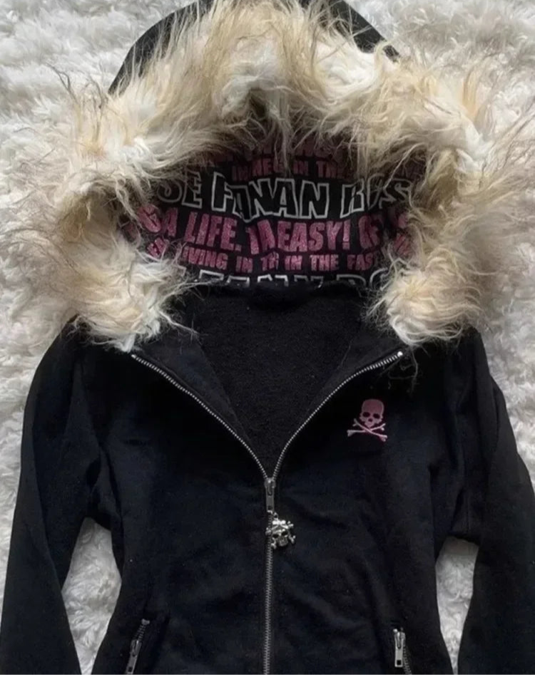 Letter Skull Embroidery Zipper Hoodie - PWM