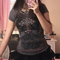Rhinestone Gothic Print Short Sleeve Tops - PWM