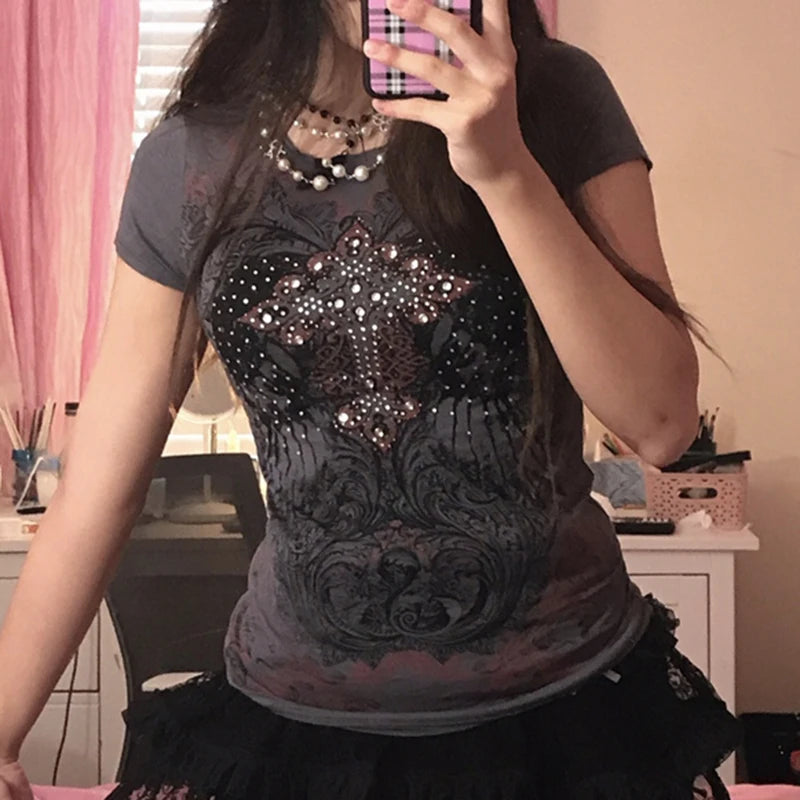 Rhinestone Gothic Print Short Sleeve Tops - PWM