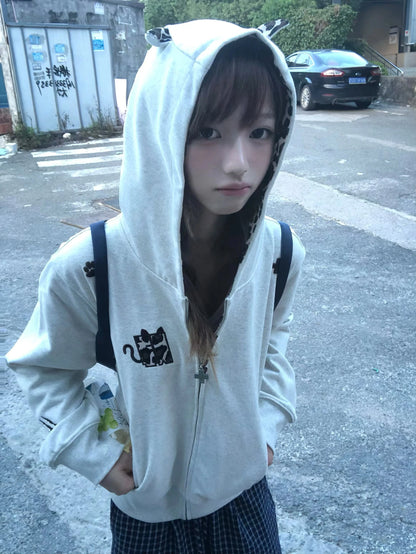 Devil Hooded 2000s Puppy Print Zipper Hoodie