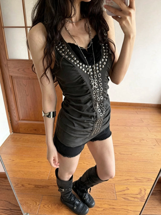 Metal Rivet Gathered Pleated Halter Hooded Vest