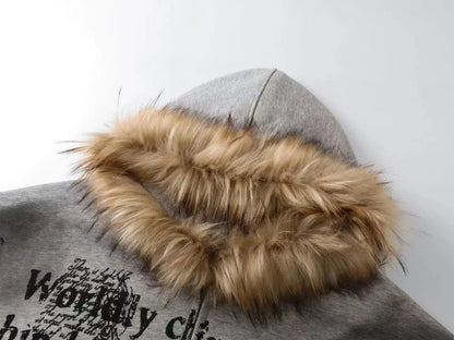 Fur Collar Graphic Hooded Jacket