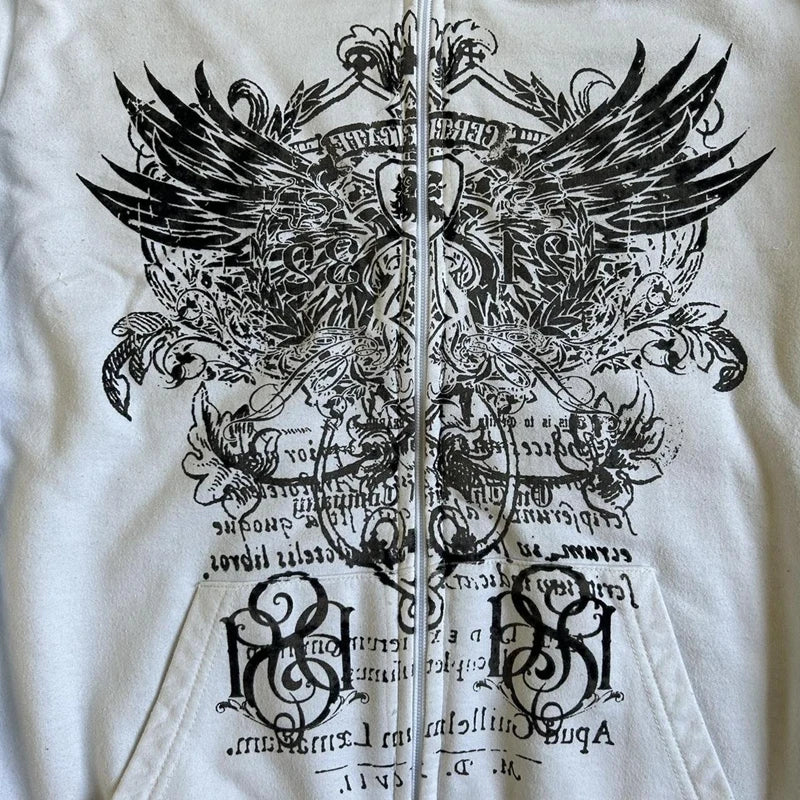 Imcute Wing Print Mall Goth Zipper Hoodie - PWM