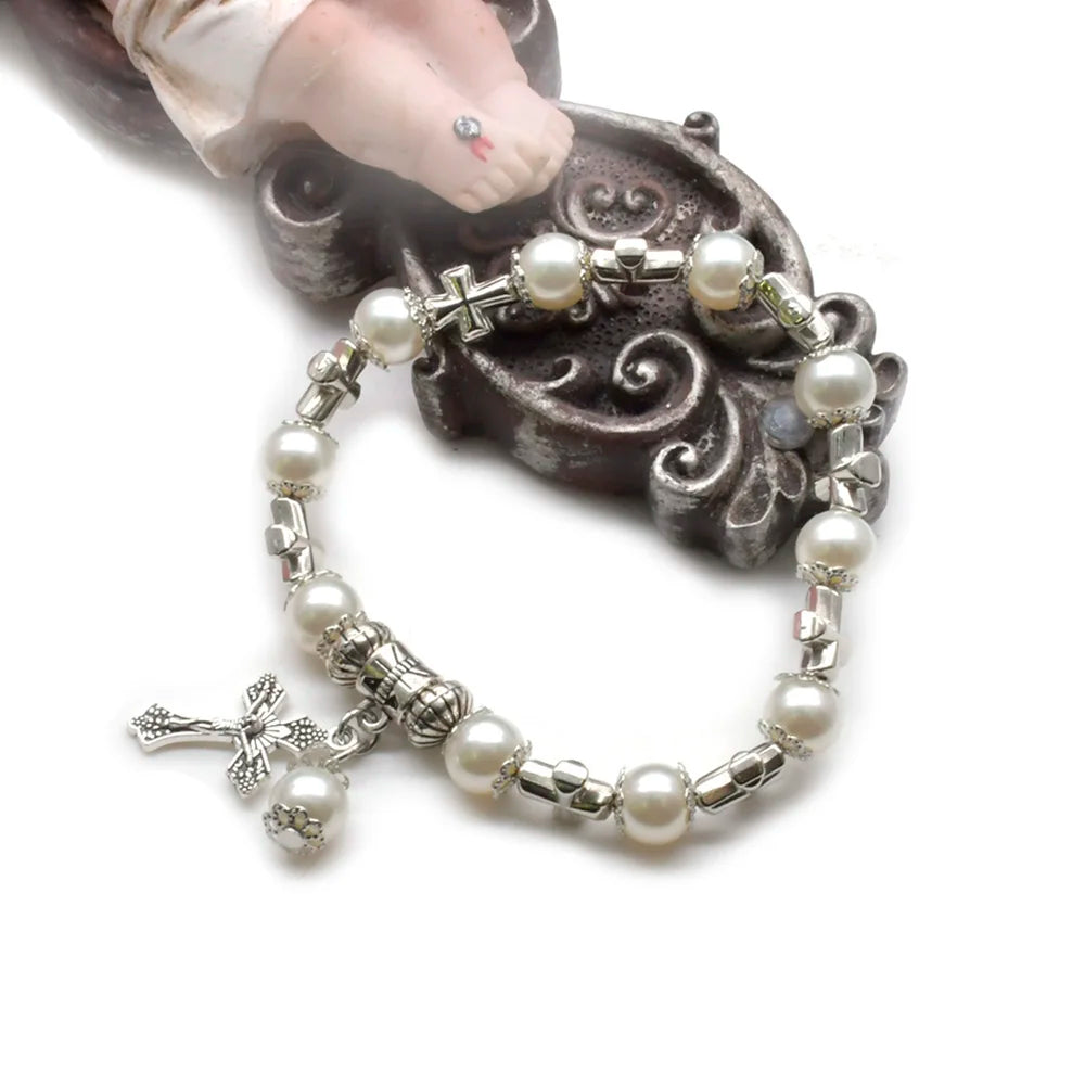White Glass Pearl Cross Elastic Rosary Bracelets - PWM