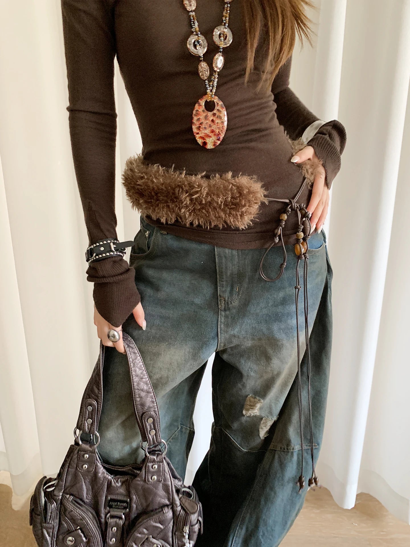 Plush Brown Belt With Ethnic Beaded Waist Rope - PWM