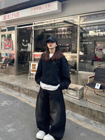 Black Embroidery Washed Baggy Jeans