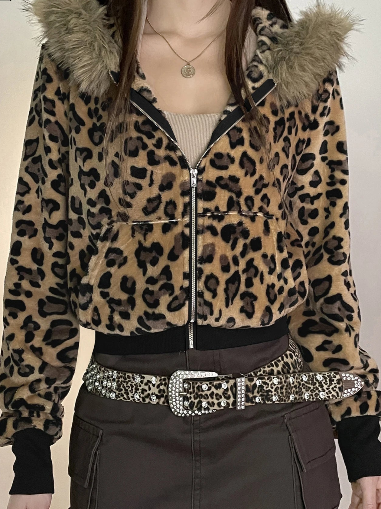 Fur Trim Leopard Zipper Hoodie