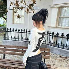 Slim-fit Slash neck Graphic Long Sleeve Tee Shirt - PWM