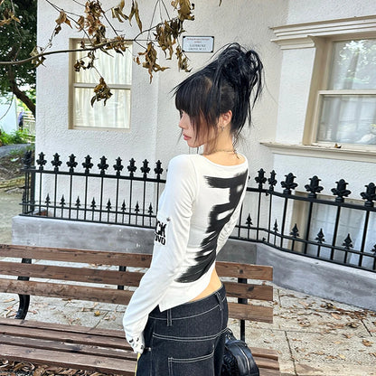 Slim-fit Slash neck Graphic Long Sleeve Tee Shirt