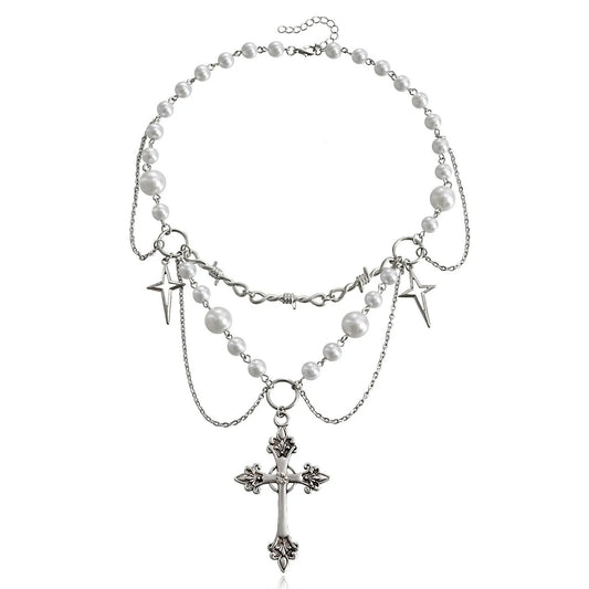Gothic Pearls Cross Pendant Necklace