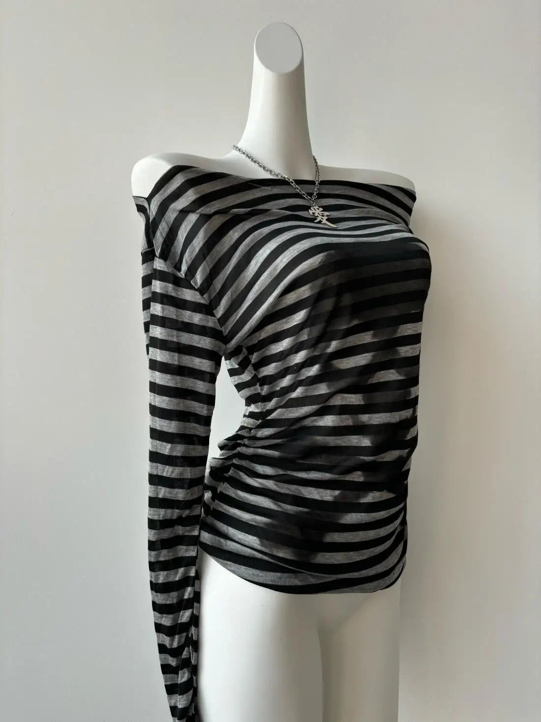 One-shoulder Striped Skull Long Sleeve Top - PWM