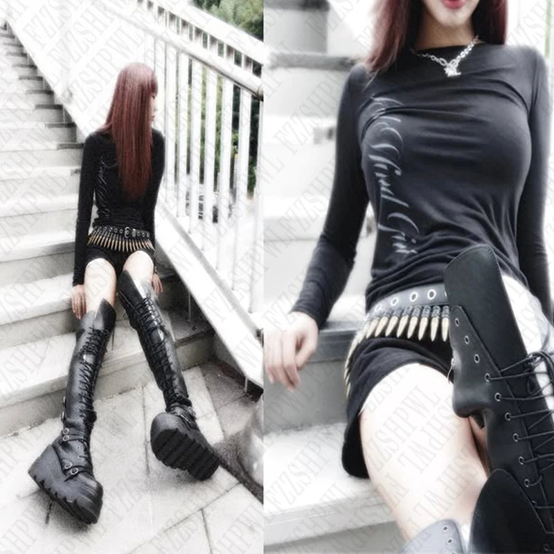 Gothic Letter Print Long Sleeve T-shirt - PWM