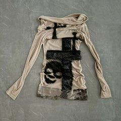 Fur Patchwork Slash Neck Tops - PWM