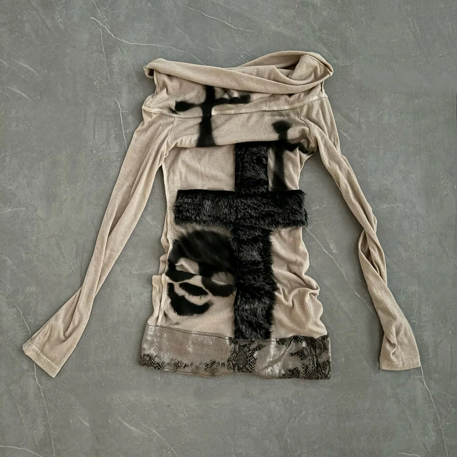 Fur Patchwork Slash Neck Tops - PWM