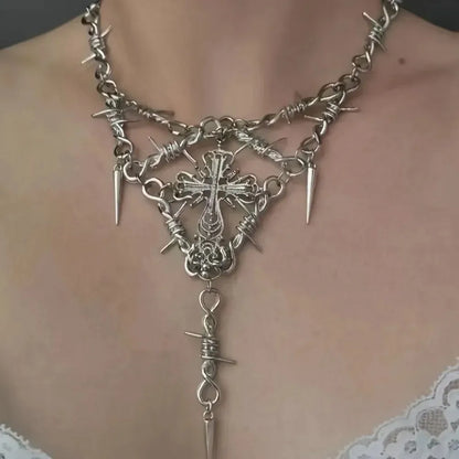 Barbed Wire Thorns Cross Pendant Necklace