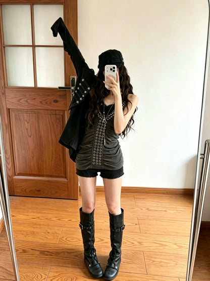 Metal Rivet Gathered Pleated Halter Hooded Vest