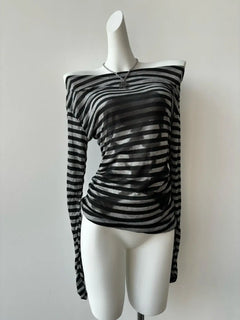 One-shoulder Striped Skull Long Sleeve Top - PWM
