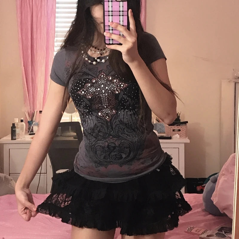 Rhinestone Gothic Print Short Sleeve Tops - PWM