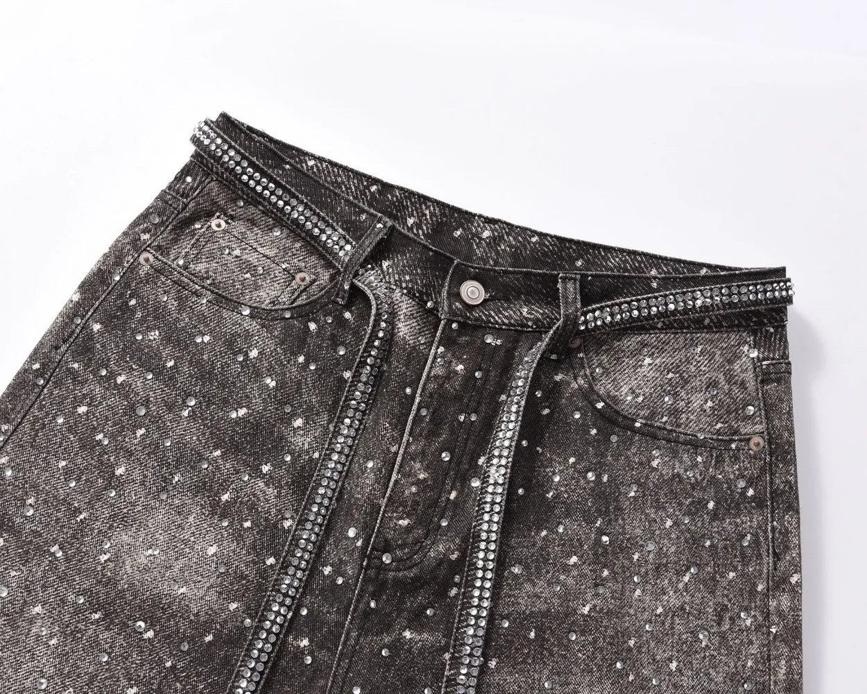 Diamond Print Rhinestone Belt Straight Jeans