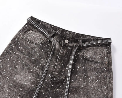 Diamond Print Rhinestone Belt Straight Jeans