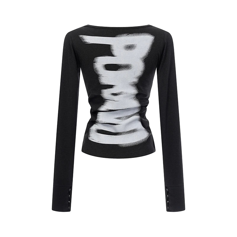 Slim-fit Slash neck Graphic Long Sleeve Tee Shirt - PWM