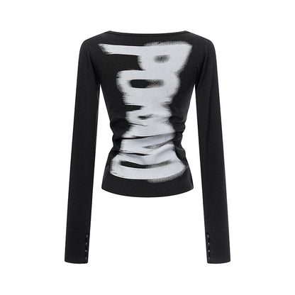 Slim-fit Slash neck Graphic Long Sleeve Tee Shirt