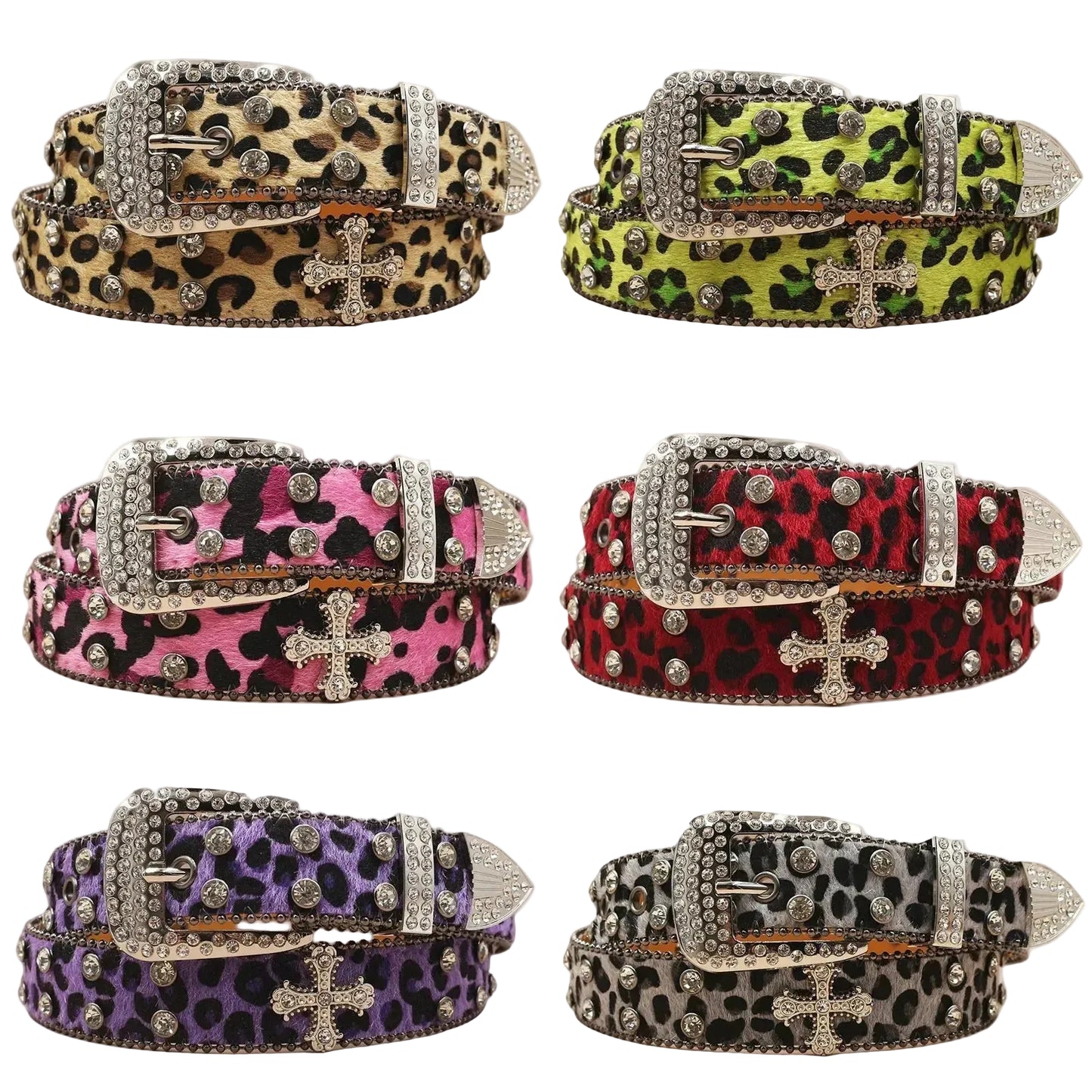 Leopard Rhinestone Leather Belt
