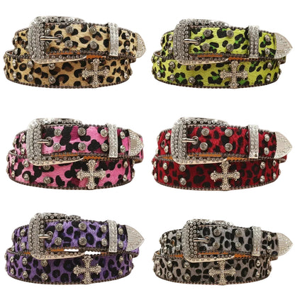 Leopard Rhinestone Leather Belt