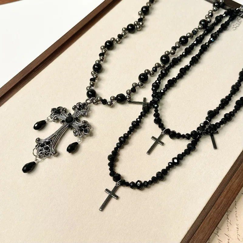 Multi Layer Cross Choker Pendant Necklace