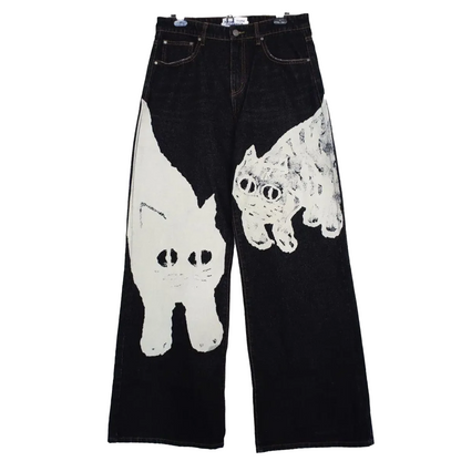 Cat Print Wide Jeans