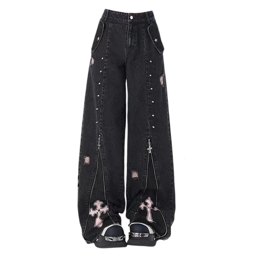 Denim Gothic Rivet Straight Pants