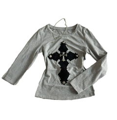 Cross Patchwork Rivet Long Sleeve Tops - PWM